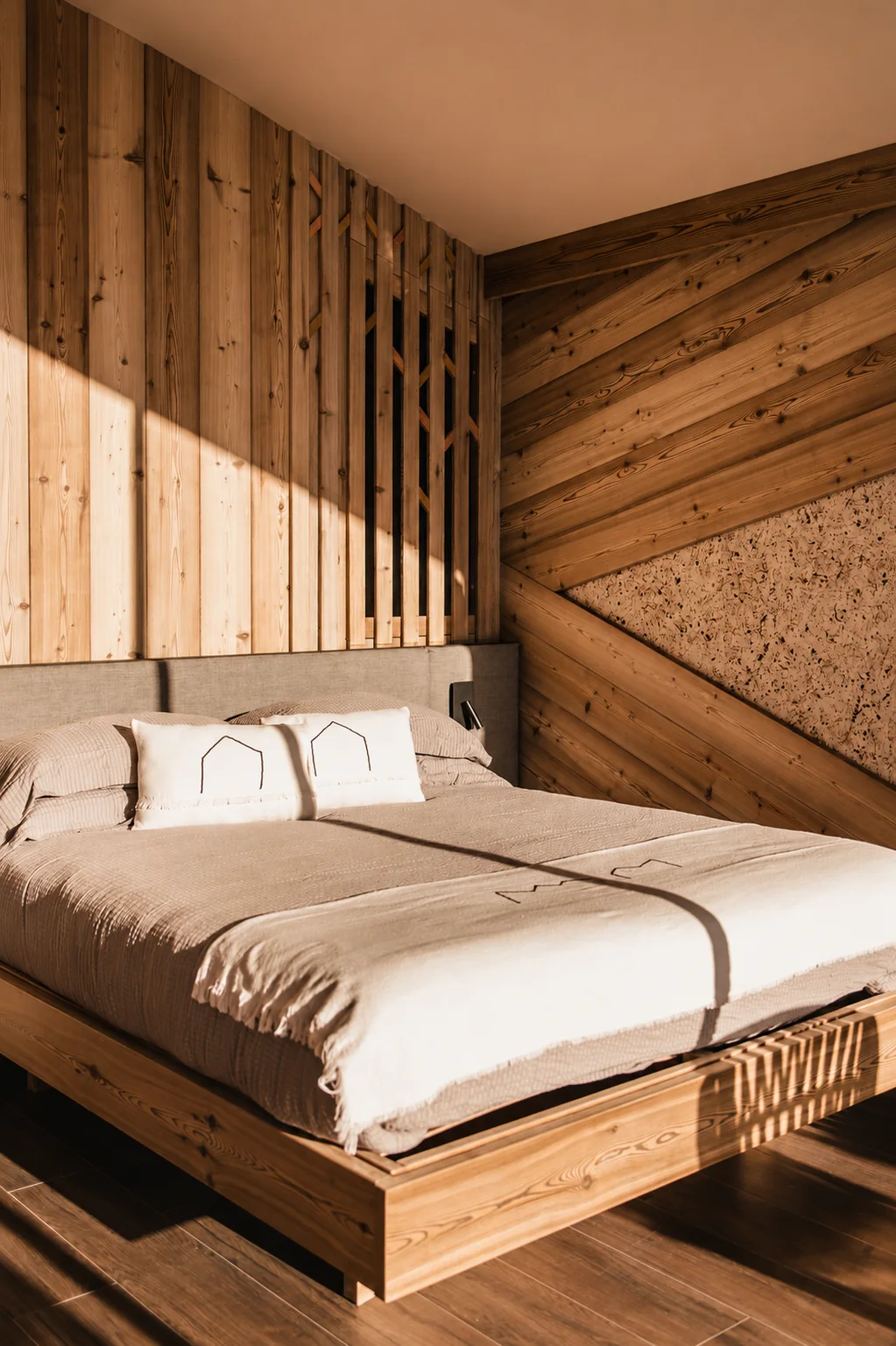 Camera del lodge con letto in legno, parete in legno naturale e luce del sole