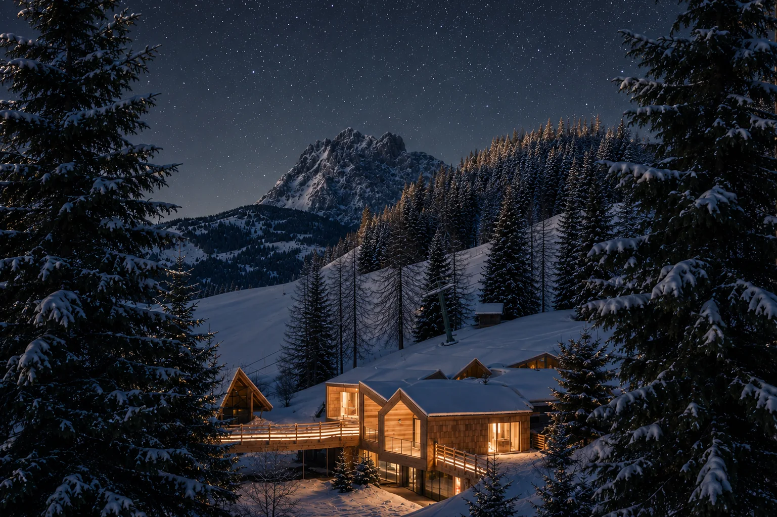 Paesaggio invernale di montagna nella notte