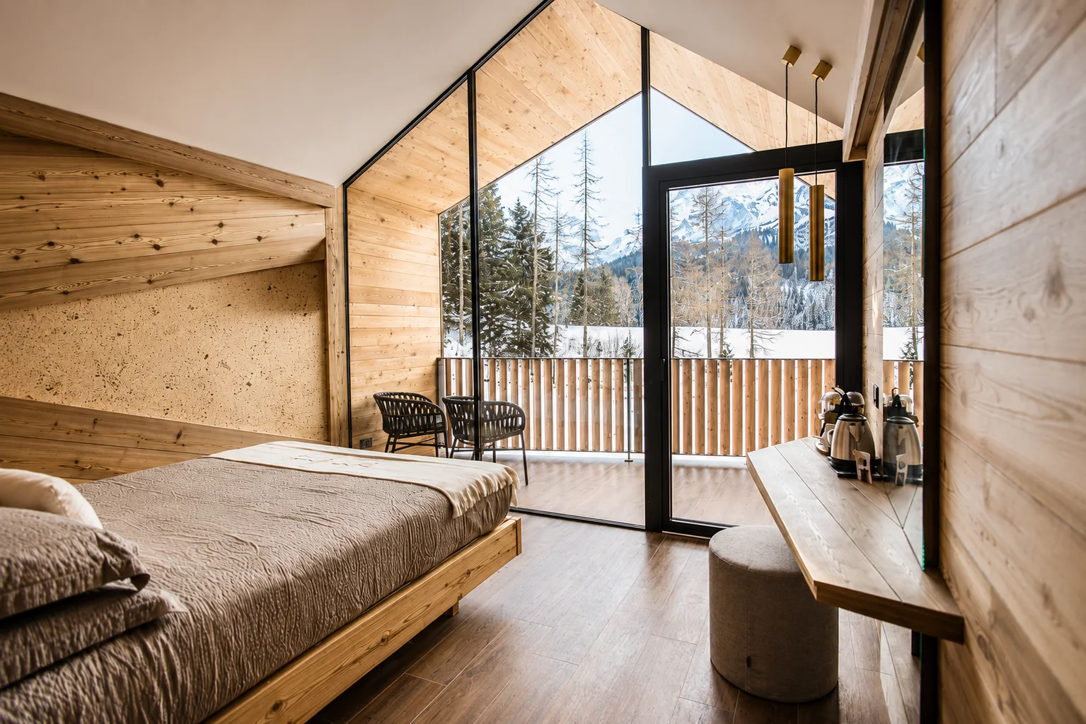 Camera del lodge con grande vetrata e balcone affacciato sulle Dolomiti