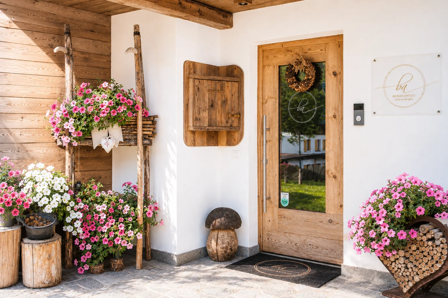 L'ingresso di Borgo Antico con la porta in legno e i fiori