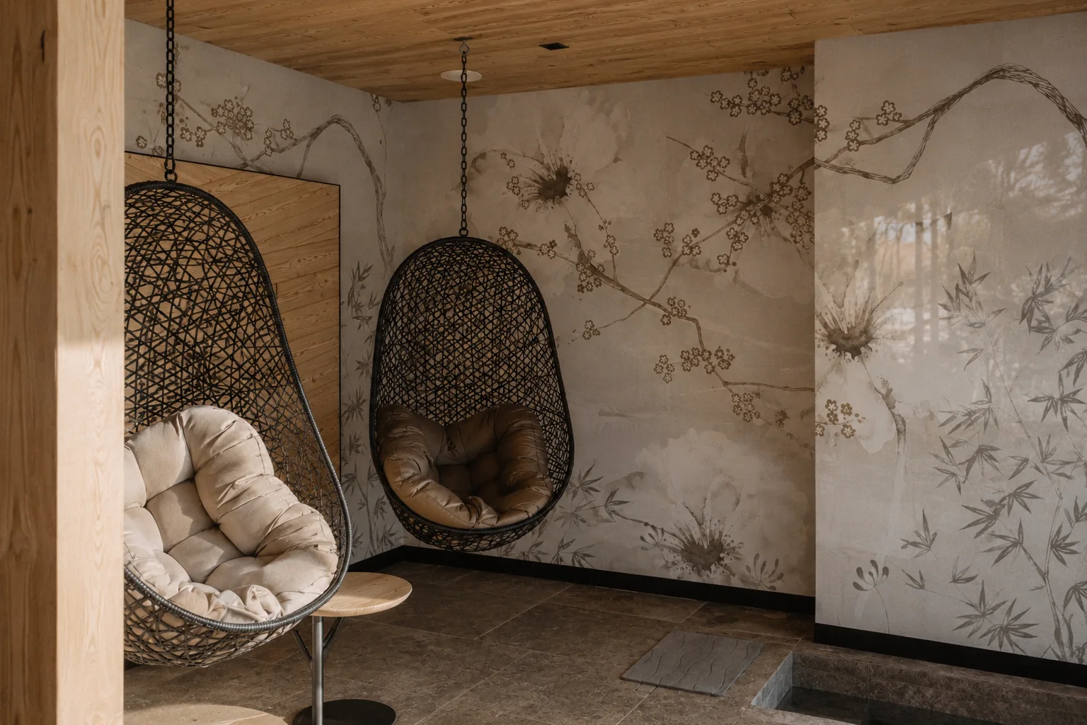 Poltrone sospese a nido nell’area relax della Private Spa
