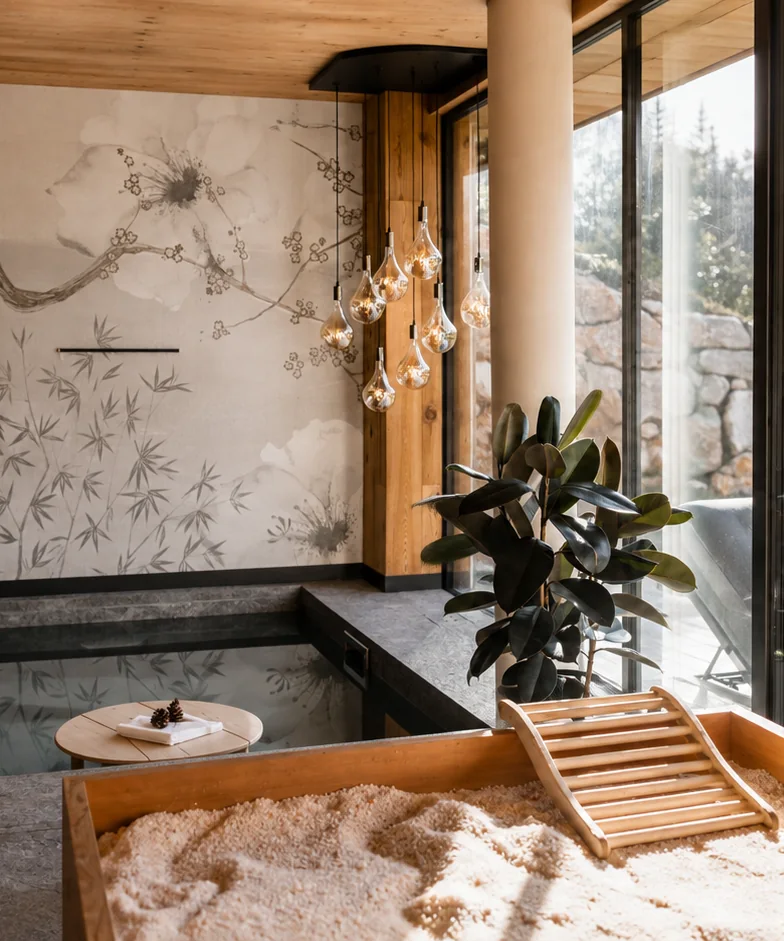 Dettaglio della Private Spa con piscina, carta da parati floreale e letto di sale