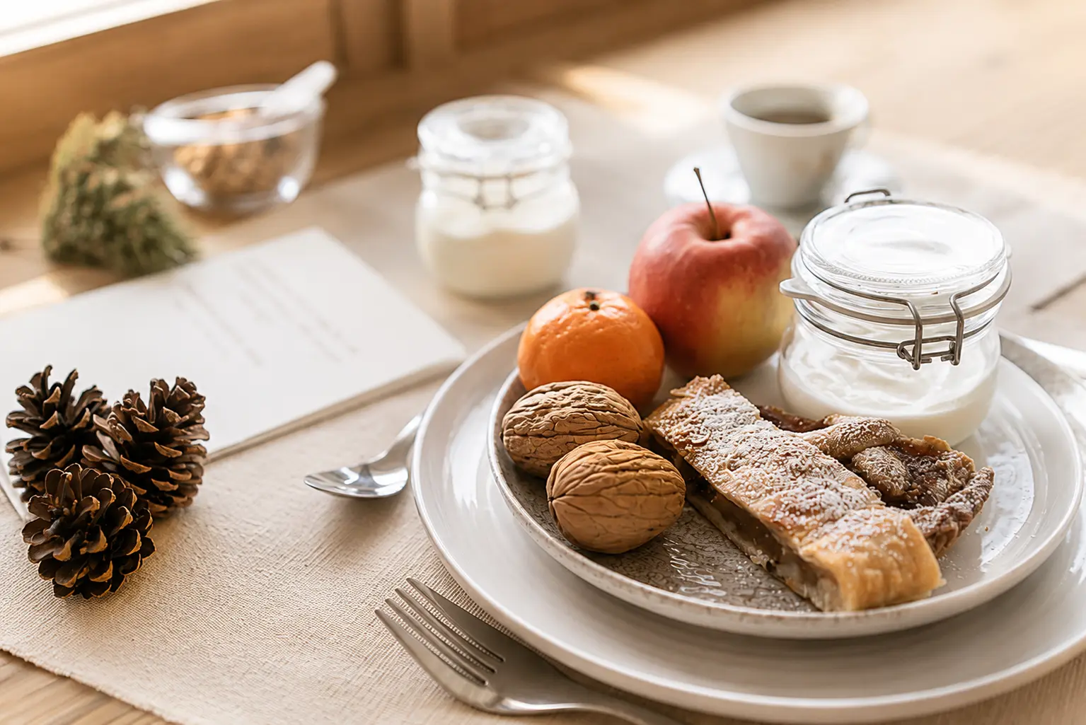 Dettaglio della colazione con strudel, yogurt e frutta
